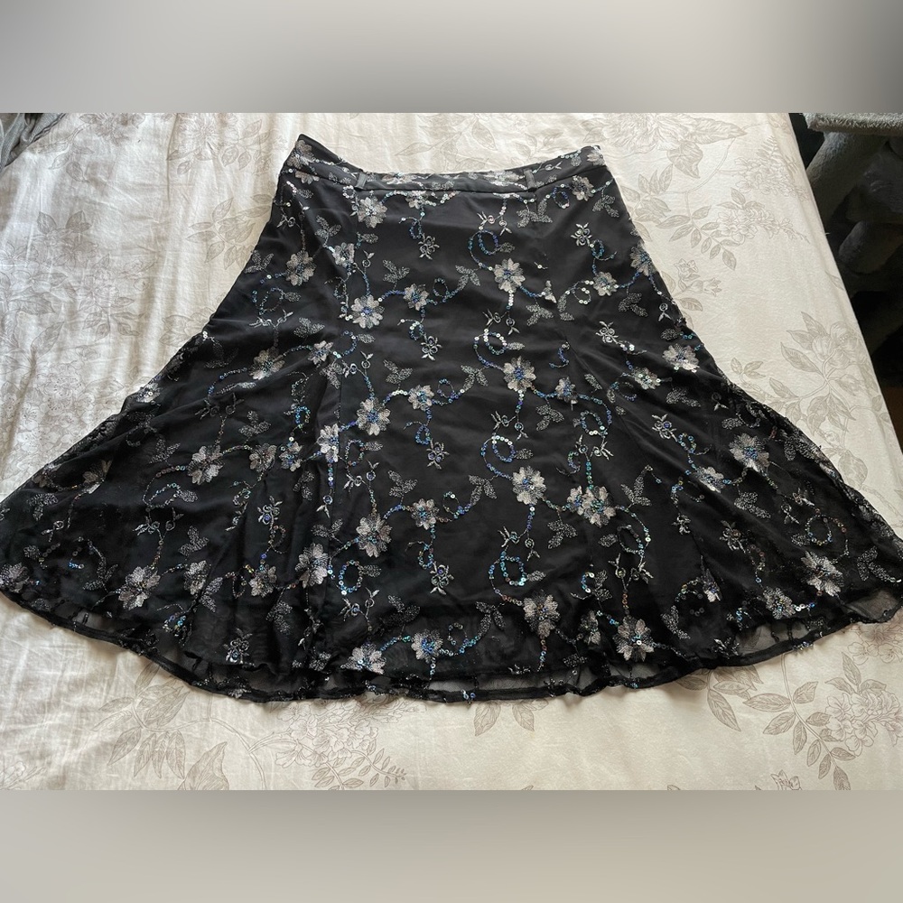 Vintage Black Floral Sequin Flutter Mini Skirt 16 Whimsigoth Fairy‎ Grunge Witch